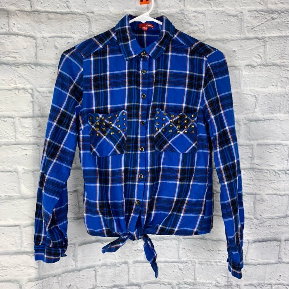 Bongo Longsleeve button down plaid top w/front tie sz medium juniors